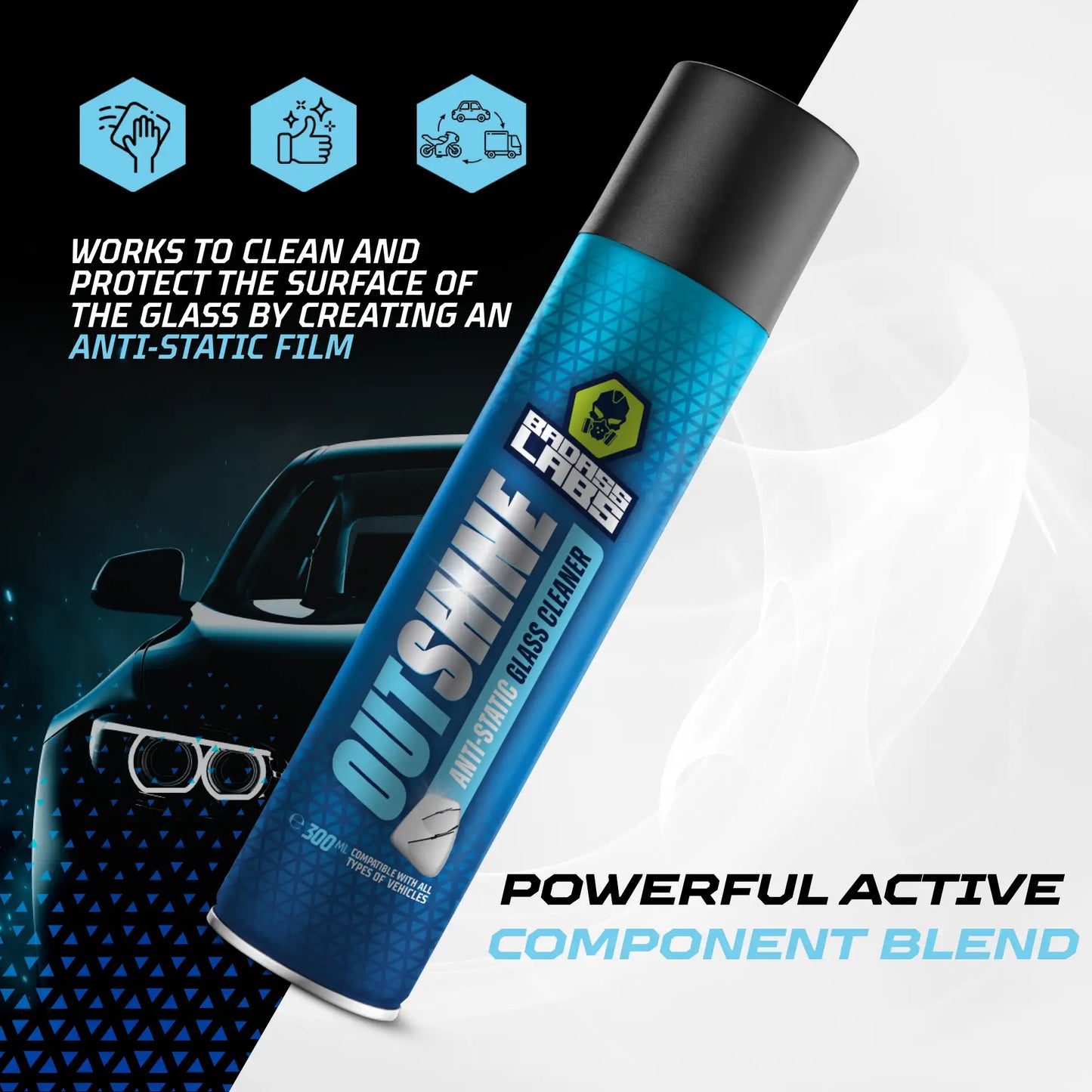 Outshine - Спрей с активна пяна с антистатичен ефект за почистване на стъклени повърхности.